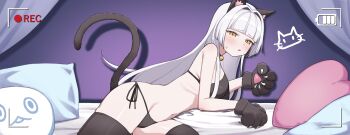 1girl absurdres animal_ears animal_hands bell bikini black_bikini black_thighhighs blush breasts cat_ears cat_paws cat_tail commentary_request fake_animal_ears gloves hair_intakes heart heart-shaped_pillow highres korean_commentary long_hair looking_at_viewer navel neck_bell on_bed onedealer98 open_mouth original paw_gloves pillow side-tie_bikini_bottom solo sweatdrop swimsuit tail thighhighs user_interface white_hair yellow_eyes