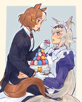 Rule 34 | 2girls, absurdres, ahoge, animal ears, apron, belno light (umamusume), black jacket, black pants, blue eyes, blush, bow, brown hair, butler, cake, collared shirt, commentary, dress, ear ornament, ear ribbon, english commentary, feeding, food, gloves, grey hair, grey tail, hair between eyes, hair ornament, hairband, highres, holding, holding tray, horse ears, horse girl, horse tail, jacket, letter hair ornament, long hair, long sleeves, looking at another, macaron, maid, maid apron, maid headdress, multicolored hair, multiple girls, oguri cap (umamusume), open clothes, open jacket, open mouth, pants, purple dress, red bow, shirt, short hair, sitting, sitting on lap, sitting on person, smile, tail, tanukimo imo, tray, two-tone hair, umamusume, umamusume: cinderella gray, white apron, white bow, white gloves, white hair, white shirt, yuri