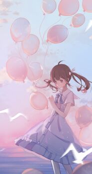 Rule 34 | 1girl, ahoge, ball, bare arms, blue bow, blue bowtie, blue dress, blue sky, bow, bowtie, brooch, brown eyes, brown hair, buttons, chinese commentary, clenched hand, closed mouth, cloud, collared shirt, commentary request, downturned eyes, dress, expressionless, feet out of frame, floating clothes, floating hair, flower brooch, frilled dress, frilled shirt collar, frills, hair bow, highres, holding, holding ball, jewelry, light particles, long hair, medium dress, miqing, ocean, original, outdoors, pantyhose, pinafore dress, shirt, short sleeves, simple bird, sky, sleeveless, sleeveless dress, solo, sunset, twintails, white bow, white pantyhose, white shirt, wind