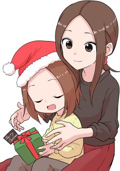 Rule 34 | 2girls, absurdres, box, brown eyes, brown hair, christmas, closed eyes, closed mouth, gift, gift box, hat, highres, inaba mifumi, karakai jouzu no (moto) takagi-san, karakai jouzu no takagi-san, long hair, merry christmas, mother and daughter, multiple girls, nishikata chii, open mouth, pants, parted bangs, red headwear, red skirt, santa hat, sidelocks, sitting, sitting on lap, sitting on person, skirt, smile, sweater, takagi-san, yellow sweater