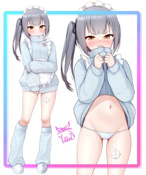 1girl alternate_costume animal_ears apron arm_across_chest blue_jacket blue_socks blush brown_eyes character_name clothes_lift enmaided full_body gauze gauze_on_leg grey_hair jacket jacket_lift jersey_maid kantai_collection kasumi_(kancolle) kneehighs lifting_own_clothes loli long_hair loose_socks maid maid_headdress multiple_views open_mouth panties side_ponytail signature simple_background smile socks solo tiemu_(man190) unconventional_maid underwear waist_apron white_apron white_background white_panties