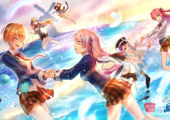 Rule 34 | 6+girls, absurdres, aikawa megumi, asakura karen (heaven burns red), beach, black hair, blonde hair, blue eyes, bow, bowtie, brown hair, bucket, commentary request, feathers, glasses, green eyes, hair ornament, hairpin, heaven burns red, highres, holding hands, izumi yuki (heaven burns red), kayamori ruka, kunimi tama, long hair, mkhc01, multiple girls, pink eyes, pink hair, school uniform, short hair, toujou tsukasa, windmill, yuri