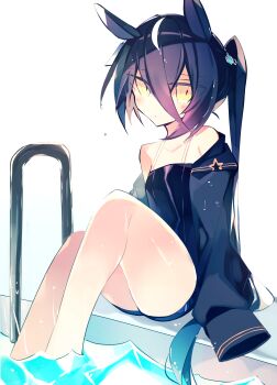 1girl animal_ears bare_shoulders black_coat black_hair black_one-piece_swimsuit breasts closed_mouth coat collarbone commentary dot_mouth ear_ornament ear_tag earrings expressionless highres horse_ears horse_girl jewelry manhattan_cafe_(umamusume) meto_(metrin) multicolored_hair off_shoulder one-piece_swimsuit open_clothes open_coat ponytail pool_ladder poolside single_earring small_breasts soaking_feet solo swimsuit symbol-only_commentary umamusume water wet wet_hair white_hair