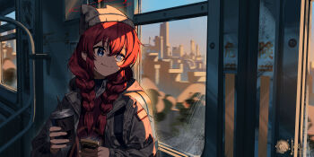 1girl absurdres blue_archive blue_eyes hair_between_eyes halo hat highres long_hair looking_at_viewer maki_(blue_archive) maki_(camp)_(blue_archive) makinohara_ue official_alternate_costume official_alternate_hairstyle red_hair red_halo solo subway train train_interior