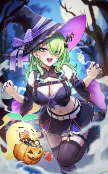 Rule 34 | 1girl, alternate costume, bare shoulders, bare tree, belt, belt buckle, black skirt, black thighhighs, blush, breasts, buckle, ceres fauna, claw pose, cleavage, crop top, crossed bangs, detached sleeves, fingernails, full moon, green hair, hair between eyes, hair branch, halloween bucket, halloween costume, hands up, hat, highres, hololive, hololive english, large breasts, leaning forward, long hair, looking at viewer, miniskirt, moon, nail polish, navel, night, open mouth, purple nails, skirt, sky, smile, standing, standing on one leg, stomach, thighhighs, tree, virtual youtuber, white belt, witch hat, wszkii, yellow eyes
