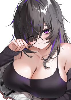 1girl absurdres black-framed_eyewear black_camisole black_hair book breasts camisole censored cleavage commentary eyebrows_hidden_by_hair fake_censor fingernails glasses goddess_of_victory:_nikke hair_over_one_eye hand_up highres huge_breasts label_(nikke) long_bangs long_sleeves looking_at_viewer mole mole_on_breast mosaic_censoring multicolored_hair one_eye_covered open_book parted_bangs purple_eyes raised_inner_eyebrows removing_eyewear shuvi_(shuvi1125) simple_background solo spaghetti_strap streaked_hair upper_body variant_set white_background