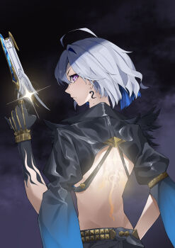 1girl absurdres back back_tattoo black_hands black_jacket blue_hair chinese_commentary closed_mouth colored_extremities colored_inner_hair commentary_request cropped_jacket earrings galbrena_(wuthering_waves) grey_hair gun hand_up highres holding holding_gun holding_weapon jacket jewelry ke_zhuo_yu looking_at_viewer looking_back medium_hair mole mole_on_neck multicolored_hair profile purple_eyes sideways_glance solo tattoo upper_body weapon wuthering_waves