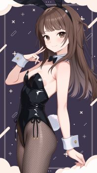 1girl akishino_yuzuki animal_ear_hairband animal_ears artist_request black_bow black_bowtie black_leotard black_pantyhose blunt_bangs bow bowtie breasts brown_hair commentary_request detached_collar fake_animal_ears fishnet_pantyhose fishnets hairband highres indie_virtual_youtuber leotard one_side_up pantyhose playboy_bunny rabbit_ears rabbit_tail second-party_source shiny_leotard side-tie_leotard small_breasts solo strapless strapless_leotard tail v wrist_cuffs