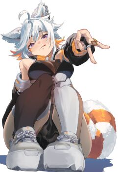 1girl ahoge ass black_sleeves breasts breasts_squeezed_together bridal_gauntlets demenishki facial_mark highres indie_virtual_youtuber large_breasts leotard loincloth mechanical_legs on_floor orange_hair purple_eyes rasetsu001 red_panda_ears red_panda_girl red_panda_tail see-through_cleavage see-through_clothes see-through_leotard shadow shoes sitting tail thick_thighs thighhighs thighs tongue tongue_out v virtual_youtuber whisker_markings white_background white_hair wide_hips