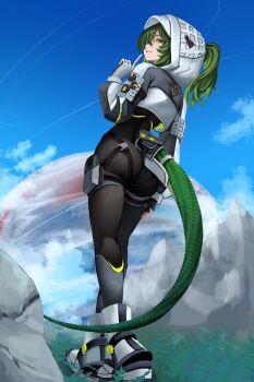 1girl arknights arknights:_endfield ass black_bodysuit blue_sky bodysuit boots commentary finger_to_own_chin fingerless_gloves fluorite_(arknights) from_behind from_below full_body gloves green_eyes green_hair highres hood hood_up hooded_shrug lizard_tail long_hair long_sleeves outdoors puffy_long_sleeves puffy_sleeves reptile_girl shrug_(clothing) sky solo standing tail white_boots white_shrug yan_kodiac