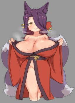 1girl animal_ear_fluff animal_ears areola_slip bare_shoulders basukechi breasts cleavage fang fox_ears fox_girl grey_background hair_over_one_eye huge_breasts japanese_clothes kimono kitsune multiple_tails no_panties one_eye_covered purple_hair sewayaki_kitsune_no_senko-san shortstack smile sora_(sewayaki_kitsune_no_senko-san) steam sweat tail teasing thighs undressing wide_hips yellow_eyes