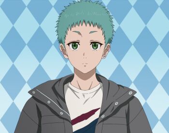 1girl blue_background blue_hair futari_solo_camp green_eyes highres hino_mizuki jacket shirt short_hair upper_body white_shirt