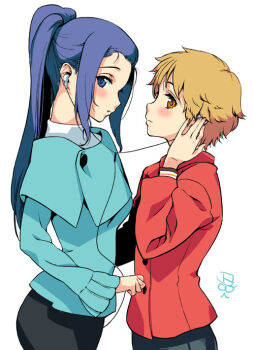 2girls blonde_hair blue_eyes blue_hair blush earbuds earphones long_hair oshare_kyoushitsu ponytail shared_earphones sharing short_hair yellow_eyes multiple_girls