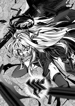 1girl absurdres ahoge blood blood_on_face blue_archive clenched_teeth coat coat_on_shoulders commentary cross fighting_stance forehead fur-trimmed_coat fur_trim gehenna_academy_logo greyscale gun hair_ribbon hakai_(fgzr2275) halo highres hina_(blue_archive) injury iron_cross long_hair long_sleeves looking_at_viewer machine_gun mg42 military_uniform monochrome nosebleed open_clothes open_coat parted_bangs pencil_skirt ribbon shell_casing side_slit sidelocks skirt solo teeth thighhighs v-shaped_eyebrows wavy_hair weapon zettai_ryouiki