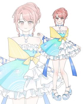 1girl aqua_dress arm_ribbon back_bow bare_legs bare_shoulders blue_bow blue_choker blue_ribbon blue_shoes bow bow_choker brown_eyes chinese_commentary choker closed_mouth commentary_request dress eyelashes footwear_bow frilled_dress frills full_body hair_bun happy high_heels highres infinity_nikki jewelry layered_dress light_blush looking_at_viewer mary_janes nikki_(nikki) nikki_(series) no_socks pendant pink_hair pumps queaideyahuli ribbon ringlets shawl shoes short_dress short_hair_with_long_locks sidelocks single_hair_bun smile solo standing straight-on strapless striped_shawl tachi-e updo white_background white_dress yellow_shawl zoom_layer