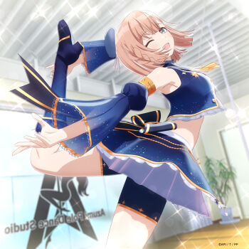 1girl arm_up attitude_(pose) bare_shoulders bike_shorts blue_boots blue_ribbon blush boots braid breasts brown_hair copyright_notice crop_top dancing detached_sleeves green_eyes highres hinano_hoshikita indoors leg_up medium_breasts midriff miniskirt official_art one_eye_closed open_mouth pole pole_princess!! puffy_sleeves ribbon see-through_clothes short_hair skirt sleeveless smile solo standing standing_on_one_leg star_(symbol) star_print starry_sky_print stomach stripper_pole waist_ribbon
