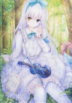 apron armband blush bow colored_pencil_(medium) darkkanan deaf disability dress graphite_(medium) hair_bow hairband hearing_aid heterochromia highres instrument lolita_fashion lolita_hairband long_hair looking_at_viewer name_tag original painting_(medium) pinafore_dress sitting sleeveless sleeveless_dress suitcase thighhighs traditional_media violin watercolor_(medium) white_dress white_hair white_legwear