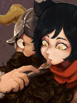 1boy 1girl ai-generated_art_(topic) ai_drawing_cat_in_front_of_eye_(meme) beard black_hair brown_background brown_hair cat_girl commentary dungeon_meshi dwarf english_commentary facial_hair fake_horns feeding helmet highres holding holding_spoon horned_helmet horns izutsumi long_beard looking_at_another looking_down making-of_available mustache red_scarf scarf senshi_(dungeon_meshi) short_hair spoon teza thick_mustache tongue tongue_out upper_body very_long_beard