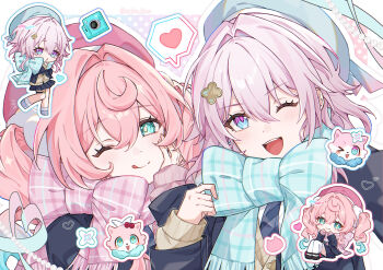 2girls aqua_eyes aqua_ribbon black_skirt chibi chimera_(honkai:_star_rail) closed_mouth commentary_request drill_hair hair_between_eyes hair_intakes hat heart highres honkai:_star_rail honkai_(series) hyacine_(honkai:_star_rail) looking_at_viewer march_7th_(honkai:_star_rail) multiple_girls multiple_views neck_ribbon nya_inuha open_mouth pink_hair pink_ribbon red_hat ribbon skirt smile spoken_heart teeth tongue tongue_out twin_drills upper_body upper_teeth_only yellow_pupils