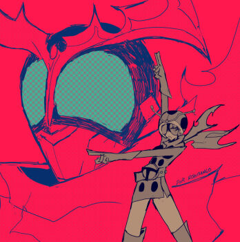 1boy 1girl antennae belt boots brown_hair compound_eyes electro_wave_human_tackle genc gloves green_eyes helmet horns kamen_rider kamen_rider_stronger kamen_rider_stronger_(series) open_mouth red_background scarf standing