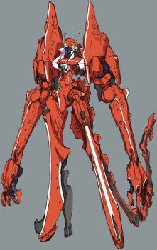 densetsu_kyojin_ideon five_star_stories gothicmade_(mecha) green_eyes grey_background high_heels highres ideon long_arms looking_down mecha munya_(otikamohe) nagano_mamoru_(style) no_humans one-eyed open_hands parody radio_antenna redesign robot science_fiction simple_background solo standing style_parody