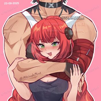 1boy 1girl bandaged_arm bandages black_choker black_gloves black_shirt blush choker fingerless_gloves gloves green_eyes head_out_of_frame highres jewelry komano_manato marinah muscular muscular_male necklace red_bandage red_hair shirt smug tank_top twintails ukinami_yuzuha white_tank_top zenless_zone_zero