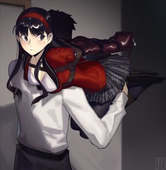1boy 1girl abduction amagi_yukiko armbinder bdsm black_hair black_skirt bondage bound bra breasts cad_(caddo) carrying carrying_person commission highres kidnapped kidnapping miniskirt peril persona persona_4 red_shirt second-party_source shirt skirt tagme underwear white_bra