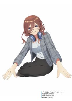 1girl artist_request black_skirt blouse blue_eyes brown_hair commentary_request full_body go-toubun_no_hanayome hair_between_eyes headphones headphones_around_neck long_hair looking_at_viewer loosely_tucked_bangs medium_skirt nakano_miku open_mouth shirt simple_background sitting skirt smile solo teeth upper_teeth_only white_background white_shirt