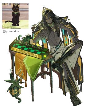 1girl abs animalization artist_name ashru_(genshin_impact) black_hair blonde_hair boots cape cat chair chess_piece chessboard closed_mouth collared_cape commentary crossed_legs dark-skinned_male dark_skin elbow_rest english_commentary fingernails full_body game_screenshot_inset genshin_impact grandaloe hair_over_shoulder highres instagram_logo instagram_username leaning_to_the_side light_smile long_hair looking_at_viewer male_focus multicolored_hair multicolored_nails nail_polish nefer_(genshin_impact) on_chair orange_eyes pants pectorals personification plant potted_plant simple_background sitting smile stomach table two-tone_hair very_dark_skin white_background
