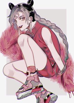 Rule 34 | 1girl, border, braid, braided ponytail, commentary, double bun, earrings, hair bun, highres, jewelry, jojo no kimyou na bouken, kuujou jolyne, long hair, masakenme, multicolored hair, shoes, shorts, sneakers, solo, stone ocean, tassel, tassel earrings, two-tone hair, white border