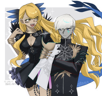 1boy 1girl black_dress black_gloves black_jacket blonde_hair blue_eyes bracelet breasts capelet chin_piercing cleavage cleavage_cutout clothing_cutout commentary_request crossed_arms dark-skinned_female dark_skin dragon_girl dragon_horns dragon_tail dress earrings face_piercing facial_mark fate/grand_order fate_(series) fur_collar gloves highres horns indra_(fate) jacket jewelry large_breasts long_hair long_sleeves looking_at_another looking_to_the_side neck_ring open_mouth piercing sharp_teeth short_hair smile swept_bangs tail teeth thighs tokumori_ramen vritra_(fate) vritra_(second_ascension)_(fate) white_capelet white_hair wide_sleeves yellow_eyes