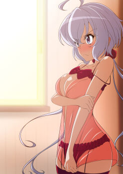 1girl a_k_g_e_0325 absurdres ahoge arm_under_breasts blush breasts breasts_squeezed_together camisole camisole_pull cleavage closed_mouth clothes_pull frown full-face_blush garter_belt hair_between_eyes hair_over_one_eye hair_ribbon hand_on_own_arm highres large_breasts lingerie long_hair looking_ahead panties pulling_own_clothes purple_eyes red_camisole red_panties red_ribbon red_thighhighs ribbon senki_zesshou_symphogear solo sweatdrop thighhighs underwear white_hair window_shadow yukine_chris