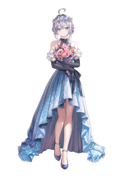 1girl absurdres ahoge alisa_mikhailovna_kujou bare_shoulders black_gloves blue_dress blue_eyes blue_shoes blush bouquet closed_mouth commentary_request dress elbow_gloves flower full_body gloves grey_hair highres holding holding_bouquet looking_at_viewer momoko_(momopoco) official_art pink_flower pink_rose rose second-party_source shoes simple_background smile solo standing strapless strapless_dress tokidoki_bosotto_roshia-go_de_dereru_tonari_no_alya-san white_background