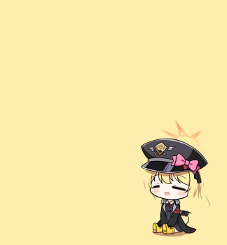 1girl absurdres armband black_coat black_hat black_tail black_wings blending blonde_hair blue_archive boots bow chibi closed_eyes coat commentary_request demon_girl demon_tail demon_wings fang halo hat hat_bow highres ibuki_(blue_archive) iisa111111 korean_commentary military_hat neck_ribbon open_mouth peaked_cap pink_bow red_armband red_ribbon ribbon rubber_boots simple_background sitting skin_fang solo tail wings yellow_background yellow_boots yellow_halo