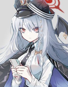 1girl black_headwear black_jacket black_necktie blue_archive demon_wings halo haruna_(blue_archive) highres jacket long_hair necktie red_eyes shirt sia_6767 white_hair white_shirt wings