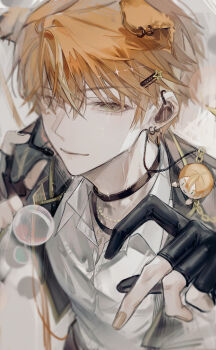 1boy absurdres animal_ears black_choker black_gloves choker commentary dog_ears earrings gloves hair_ornament hairclip half-heart_hands highres jewelry orange_hair partially_fingerless_gloves project_sekai shinonome_akito shirt smile solo sweat symbol-only_commentary white_shirt xupi_ty