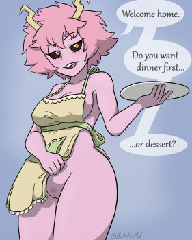 1girl apron apron_lift ashido_mina ballisticmel black_sclera boku_no_hero_academia bones_(company) breasts clothes_lift colored_sclera colored_skin english_text female_focus groin highres holding horns legs looking_at_viewer medium_breasts naked_apron open_mouth pink_hair pink_skin pussy pussy_peek revealing_pussy seductive_female seductive_smile short_hair shounen_jump smile solo speech_bubble tagme talking thick_thighs thighs yellow_apron yellow_eyes