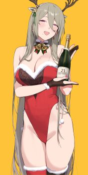 1girl absurdres alcohol antlers bare_shoulders bell black_gloves bottle bow breasts brown_hair choker christmas christmas_ornaments cleavage earrings fur-trimmed_gloves fur_trim gloves hair_between_eyes hair_ornament highres horns jewelry large_breasts leotard long_hair looking_at_viewer mole mole_on_breast mole_under_mouth multiple_moles nail_polish neck_bell neck_ribbon open_mouth original pink_eyes pink_nails red_leotard reindeer_antlers ribbon santa_costume simple_background smile solo star_(symbol) thick_thighs thighs very_long_hair wine wine_bottle yakimi_27