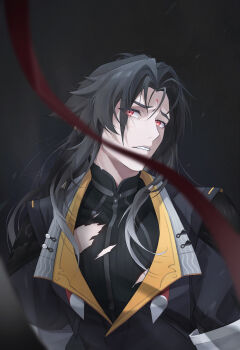 Rule 34 | 1boy, absurdres, black hair, black jacket, blurry, blurry foreground, chinese clothes, commentary request, dark background, facial mark, forehead mark, head tilt, highres, jacket, long hair, looking to the side, male focus, parted bangs, parted lips, qingkefu yixia, red eyes, red ribbon, ribbon, solo, sweat, transformation, upper body, ye shiyuan, zenless zone zero