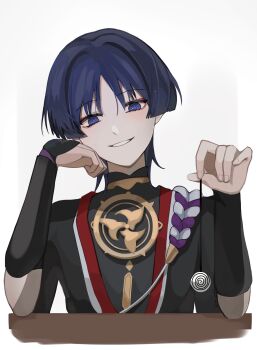 1boy absurdres armor black_hair black_kimono black_sleeves blunt_ends elbow_rest eyeliner eyeshadow fingernails genshin_impact gold hand_on_own_chin hands_up head_tilt highres holding hypnosis hypnotizing_viewer japanese_armor japanese_clothes jewelry juban kimono kote kurokote looking_at_viewer makeup male_focus mind_control mitsudomoe_(shape) neck_ring nee_madiiiii open_clothes open_kimono parted_bangs purple_eyes purple_pupils purple_rope red_eyeliner red_eyeshadow red_kimono rope scaramouche_(genshin_impact) shimenawa short_sleeves smile solo swirl tomoe_(symbol) tsurime twitter_username upper_body white_background white_kimono white_mouth white_rope wispy_bangs