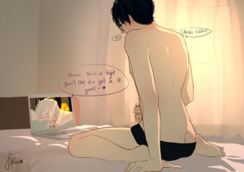 2boys artist_request bed computer english_text katsuki_yuuri laptop male_masturbation masturbation multiple_boys skype video_call viktor_nikiforov yaoi yuri!!!_on_ice