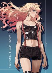 1girl black_shorts blonde_hair blue_eyes breasts cleavage crop_top cropped_shirt earrings gradient_hair highres jewelry long_hair macross macross_frontier midriff multicolored_hair navel pink_hair ryu_(masu_nantoka-san) sheryl_nome shorts simple_background solo stomach strap thighs