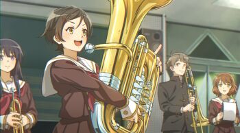 Rule 34 | 1boy, 3girls, black hair, blush, brown eyes, brown hair, brown serafuku, brown shirt, brown skirt, closed mouth, commentary request, fuyuhino, gakuran, hair ornament, hairclip, hibike! euphonium, highres, holding, holding instrument, instrument, katou hazuki, kitauji high school uniform, kousaka reina, long hair, long sleeves, multiple girls, neckerchief, open mouth, oumae kumiko, pleated skirt, purple eyes, red neckerchief, sailor collar, school uniform, serafuku, shirt, short hair, skirt, teeth, trombone, trumpet, tsukamoto shuuichi, tuba, upper teeth only, white sailor collar