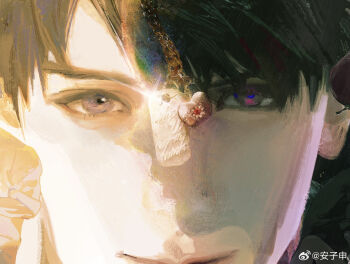 1boy anzishen artist_self-insert black_hair caleb_(love_and_deepspace) chinese_commentary commentary_request commissioner_insert highres jewelry love_and_deepspace necklace oc_x_canon pink_lips purple_eyes short_hair