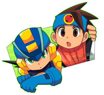2boys blue_headband blue_helmet brothers brown_eyes brown_hair egao_nina6 green_eyes headband helmet highres lan_hikari_(mega_man) male_focus mega_man_(series) mega_man_battle_network_(series) megaman.exe multiple_boys netnavi orange_vest siblings simple_background twins upper_body vest white_background