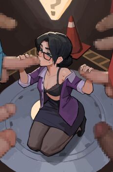 1girl absurdres amugea black_hair blush bra censored collared_shirt erection fellatio glasses group_sex hair_bun handjob highres miss_pauling mosaic_censoring open_clothes open_shirt oral pantyhose penis purple_shirt shirt short_hair surrounded_by_penises sweat team_fortress_2 traffic_cone underwear