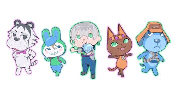 1girl 4boys animal_crossing backpack bag black_eyes blue_eyes blush_stickers bodysuit bow bowtie cat_girl charming_man chibi chibi_only ddwiyong diamond_(gemstone) dog_boy dragona_joestar earrings full_body furrification furry green_eyes green_outline grin hair_ornament hands_on_own_hips hat head_wreath highres holding jewelry jodio_joestar jojo_no_kimyou_na_bouken leotard looking_to_the_side multiple_boys nintendo open_mouth orange_hair outline outstretched_arms paco_laburantes rabbit_boy short_sleeves shorts smile star_(symbol) star_hair_ornament the_jojolands tiger_boy traditional_bowtie usagi_aloha&#039;oe villager_(animal_crossing) white_hair