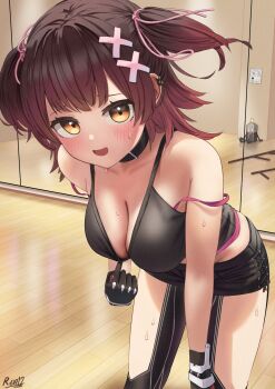 1girl artist_name breasts brown_eyes brown_hair camisole cleavage collar earrings hair_ornament hair_ribbon hairclip highres hololive jewelry looking_at_viewer medium_breasts mirror multiple_earrings nattoushouyu3 open_mouth ribbon roboco-san roboco-san_(open_pink_hoodie) shorts smile solo sweat two_side_up virtual_youtuber x_hair_ornament