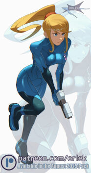 1girl ass blonde_hair blue_eyes bodysuit breasts female_focus large_breasts latex latex_bodysuit long_hair long_legs metroid nintendo orlek ponytail running samus_aran shoes simple_background skin_tight skinsuit thighs weapon white_background zero_suit