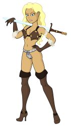 Rule 34 | 1girl, ampersandxyz, barbarian, blonde hair, blue eyes, boots, chastity belt, gloves, over shoulder, sword, sword over shoulder, weapon, weapon over shoulder